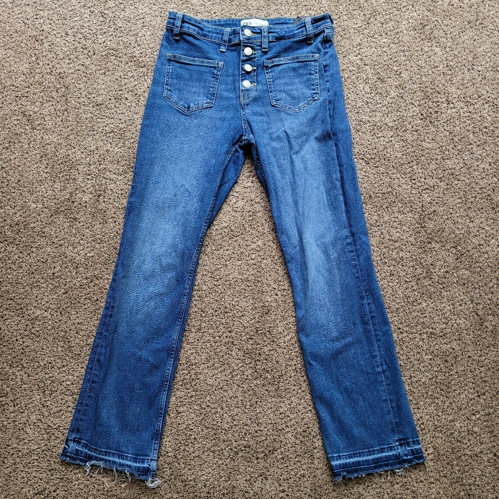 Zara Womens Jeans 6 Button Fly Boot Cut Flare Frayed Hem Square Pocket 90s Y2K